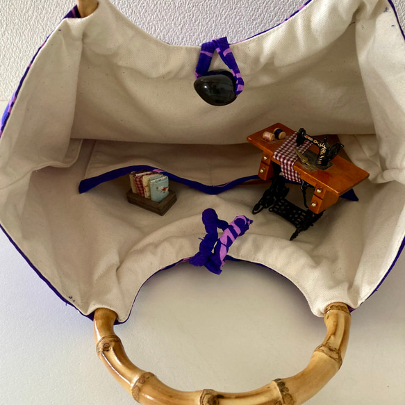 ハワイアン柄　バンブー　リング持ち手バッグ　モンステラ　紫　 4枚目の画像