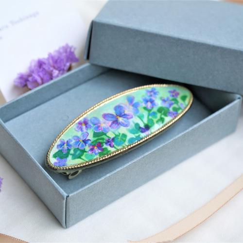すみれの花畑バレッタ＊手描きアンティーク風＊オーバル＊ゴールド