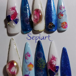ジェルネイルチップ☆付け爪~鬼ロングポイント/3D金魚×花火/夏