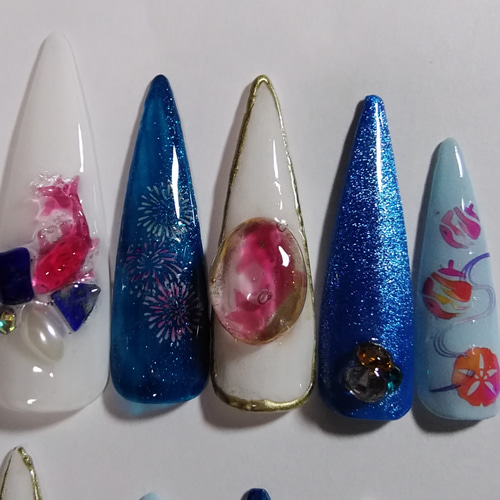 ジェルネイルチップ☆付け爪~鬼ロングポイント/3D金魚×花火/夏