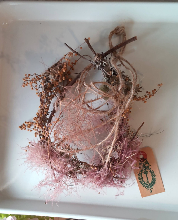 Sold out【737】スモークツリーとあじさいのユラユラ鳥の巣ドロップリース 1枚目の画像
