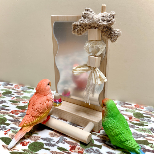 天然素材使用】バードトイミラー インコ 鏡 おもちゃ付き 止まり木