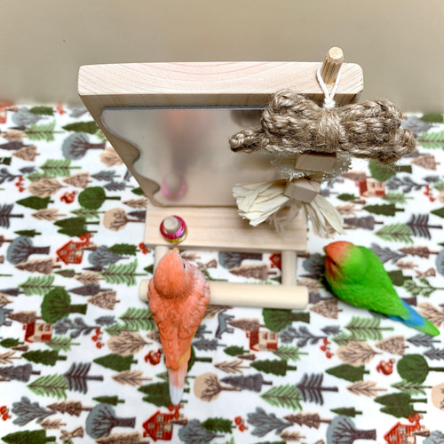 天然素材使用】バードトイミラー インコ 鏡 おもちゃ付き 止まり木