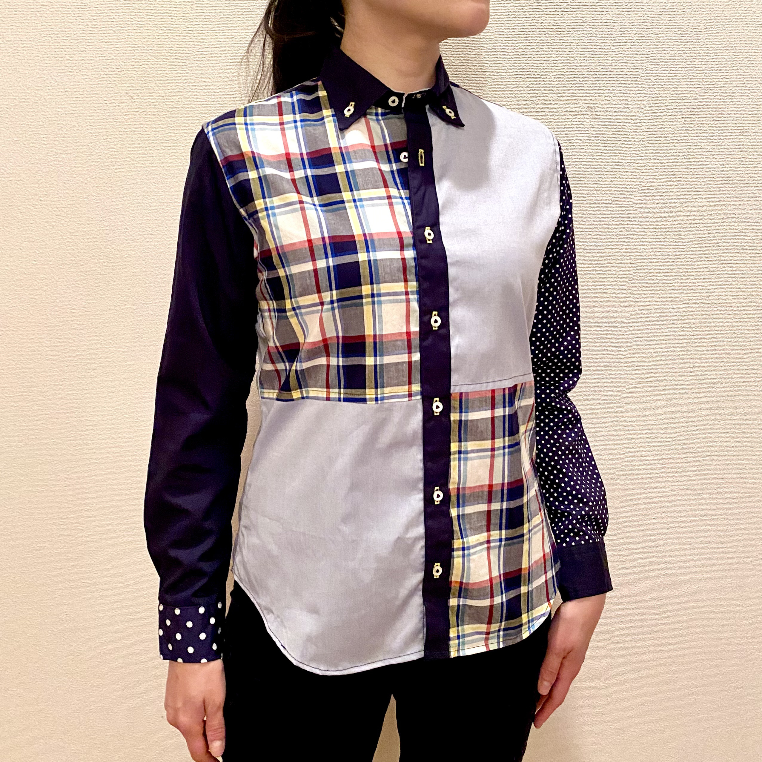 Preppy Classic ｜レディースブラウス｜チェック柄パッチワーク｜コットン長袖｜きれいめトラッド｜Sサイズ相当 8,260円