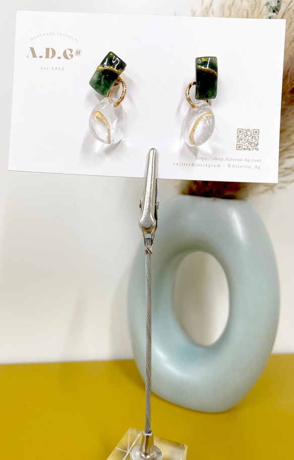 【handmade】nuance oval×square pierce（s）（mossgreen-clear） グリーン 2枚目の画像
