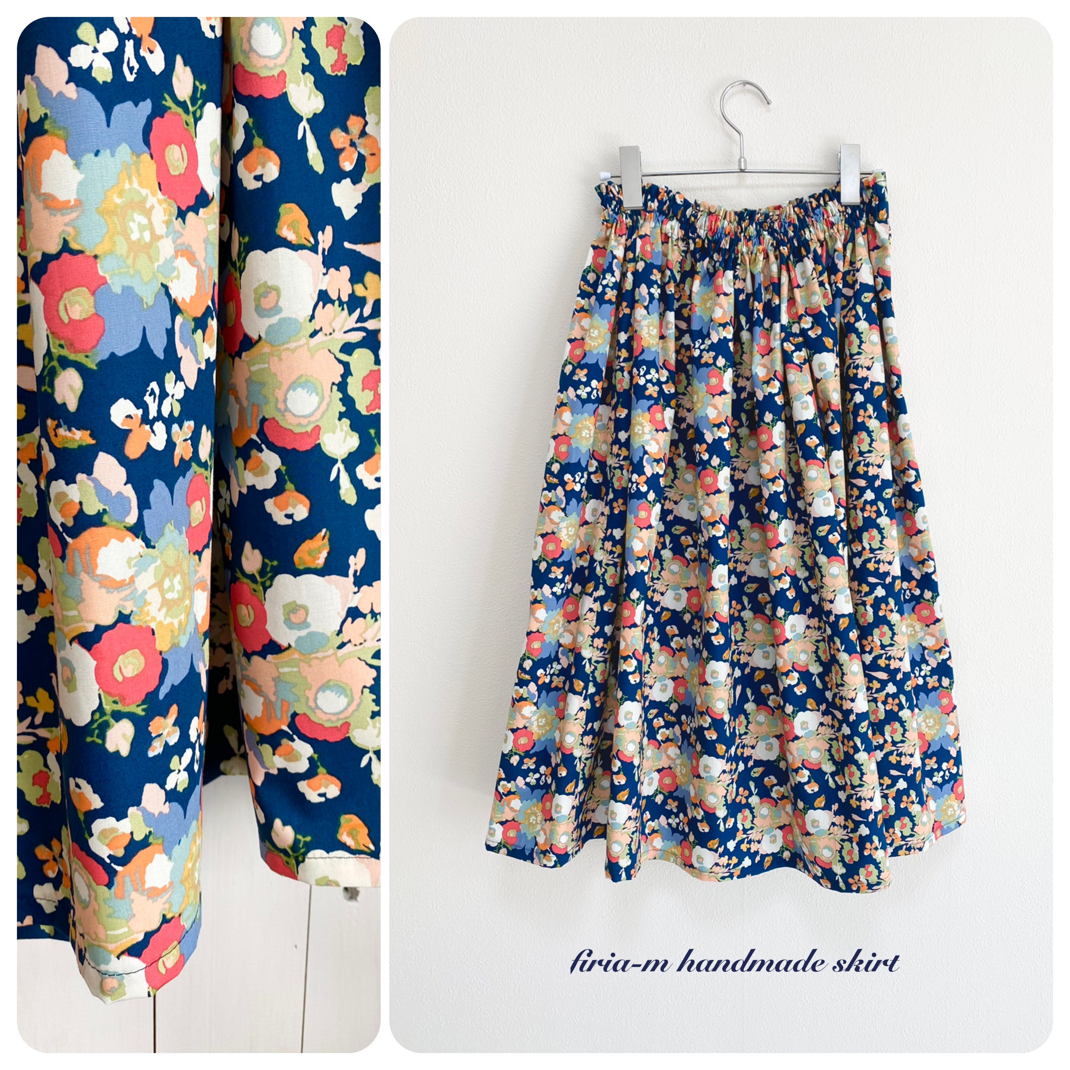 フラワー柄コットンスカート　ネイビーブルー