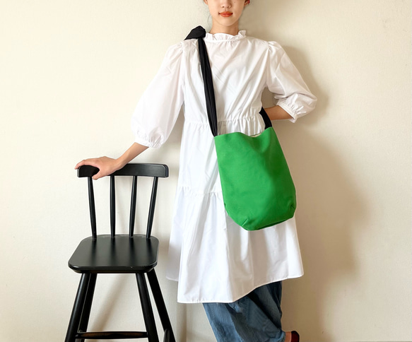 【受注生産】ショルダー・斜めがけ・手提げと3wayで使える！  canvas ribbon tote bag（グリーン） 5枚目の画像