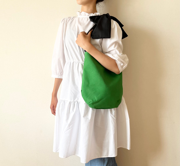 【受注生産】ショルダー・斜めがけ・手提げと3wayで使える！  canvas ribbon tote bag（グリーン） 3枚目の画像