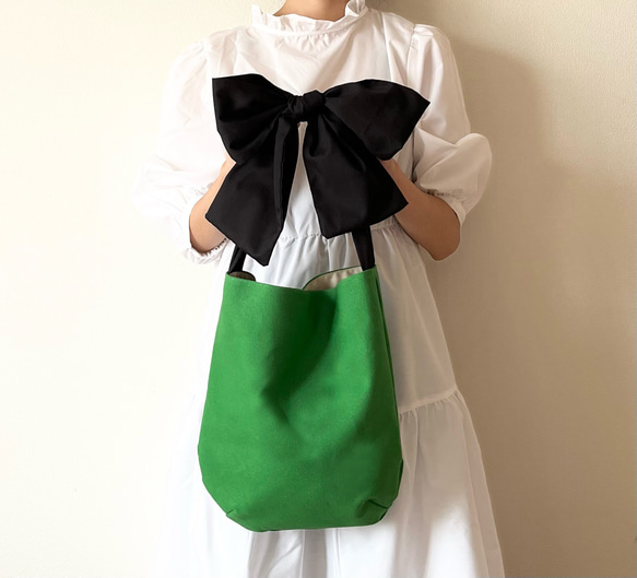 【受注生産】ショルダー・斜めがけ・手提げと3wayで使える！  canvas ribbon tote bag（グリーン） 1枚目の画像