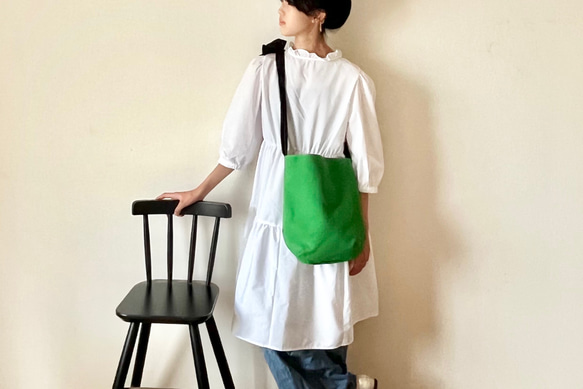 【受注生産】ショルダー・斜めがけ・手提げと3wayで使える！  canvas ribbon tote bag（グリーン） 6枚目の画像