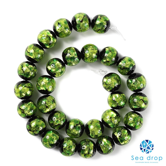 Sea drop ホタルガラス グリーン 12-16mm 一連 40cmビーズ 蓄光 緑色 とんぼ玉 [111tt] 4枚目の画像