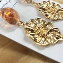【handmade】nuance stone×metal flower pierce（gold/brown） レトロ 6枚目の画像