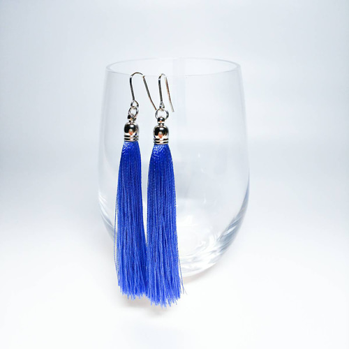 再販33　フリンジ　カラフル　ピアス　青　イヤリング　タッセル　アクセサリー 耳飾り 両耳用「蛍光イエローと、青タッセル」ピアス