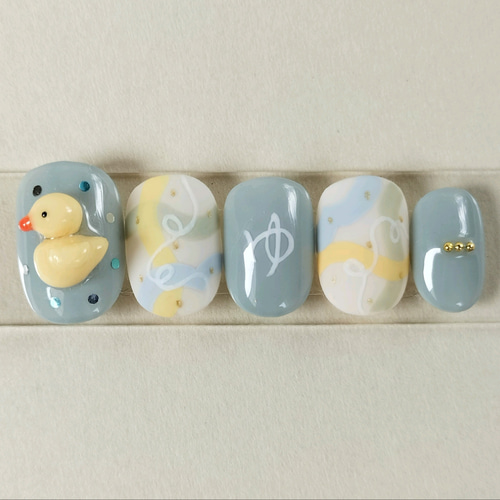 片手】お風呂にぷかぷかアヒル/レトロカラフルネイルチップ/サイズ