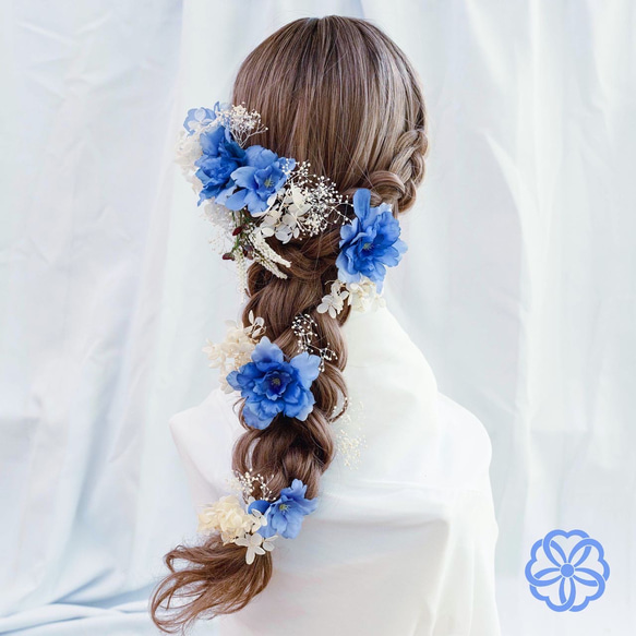 髪飾り　ブルー系フラワーのラプンツェル風ヘッドドレス　青　髪かざり　ウェディングヘア　成人式　卒業式　結婚式　振袖　着物 3枚目の画像