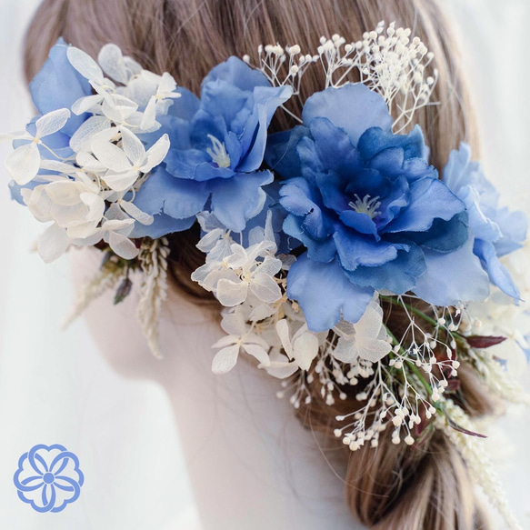 髪飾り　ブルー系フラワーのラプンツェル風ヘッドドレス　青　髪かざり　ウェディングヘア　成人式　卒業式　結婚式　振袖　着物 7枚目の画像