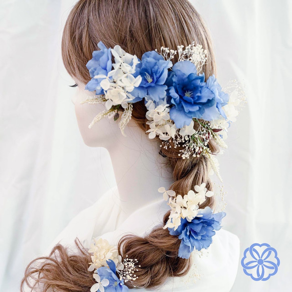 髪飾り　ブルー系フラワーのラプンツェル風ヘッドドレス　青　髪かざり　ウェディングヘア　成人式　卒業式　結婚式　振袖　着物 2枚目の画像