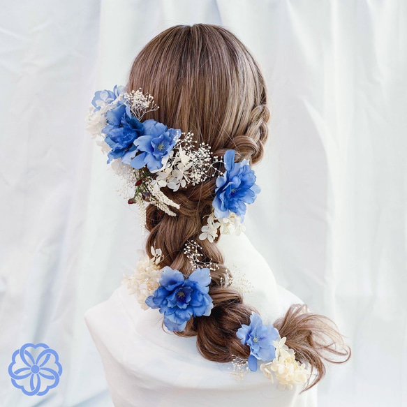 髪飾り　ブルー系フラワーのラプンツェル風ヘッドドレス　青　髪かざり　ウェディングヘア　成人式　卒業式　結婚式　振袖　着物 1枚目の画像