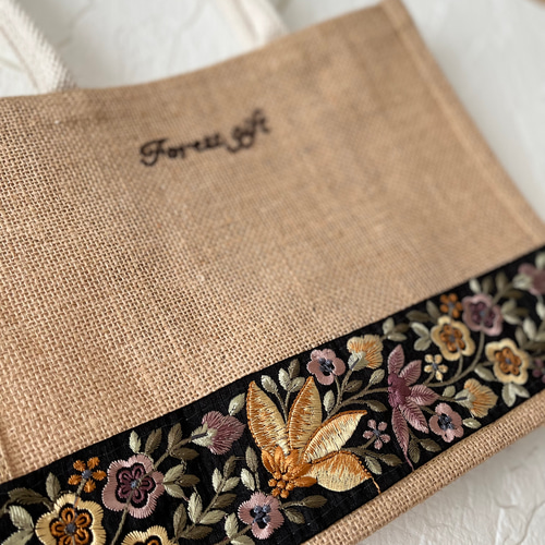 インド刺繍リボン＊ジュートバッグ(手縫い刺繍入り)BLACK トート