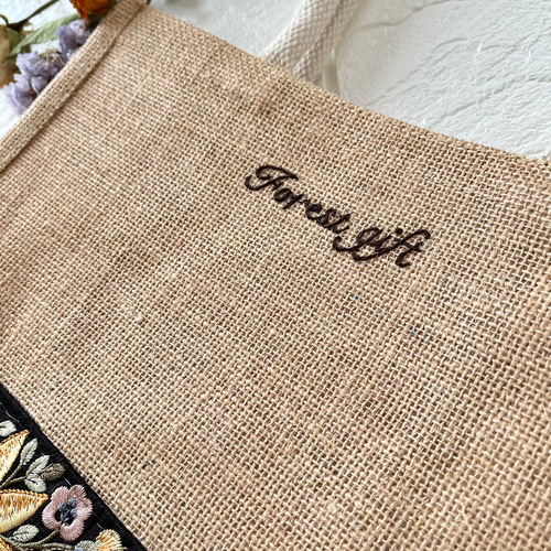 インド刺繍リボン＊ジュートバッグ(手縫い刺繍入り)BLACK トート