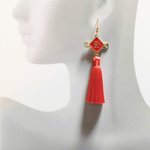 チャイナ ピアス 福 タッセル レッド 中華 中国 シノワズリ