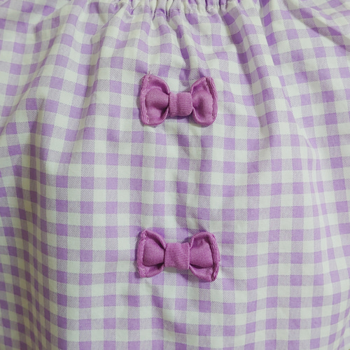 110～120cm 紫系チェック リボン、フリル 袖なしスモック 入園 入学  