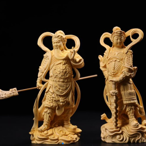 韋陀尊者、関公伽藍菩薩 黄楊木の手彫り 仏師で仕上げ品 彫刻