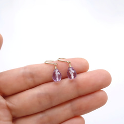 小巧圓水滴切割 淺紫水晶 14K GF 包金耳環 第3張的照片