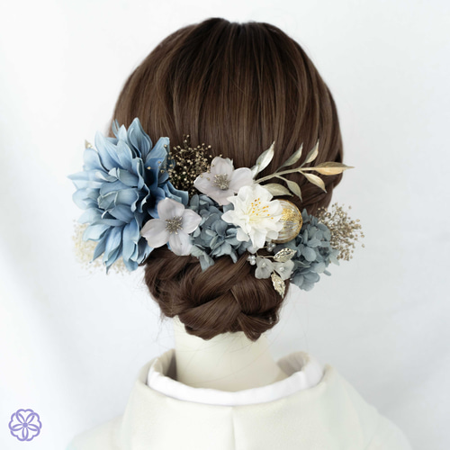 くすみブルーとラベンダーカラーの髪飾り No.RB13 青 成人式 卒業式