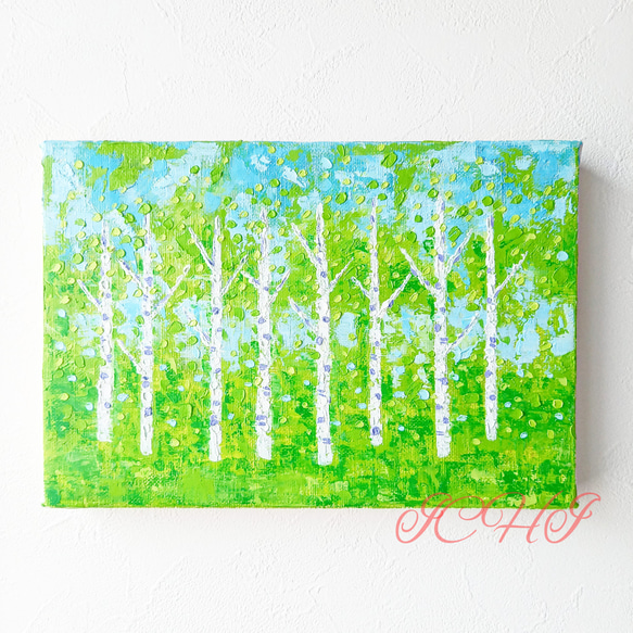 油絵　夏の白樺並木 1枚目の画像