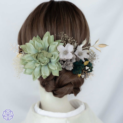 くすみグリーンとモスグリーンの髪飾り No.GM3 成人式 卒業式 結婚式