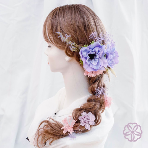 髪飾り 紫のアネモネ×ピンク系ドライフラワーのラプンツェル風 髪飾り 紫のアネモネ×ピンク系ドライフラワーのラプンツェル風