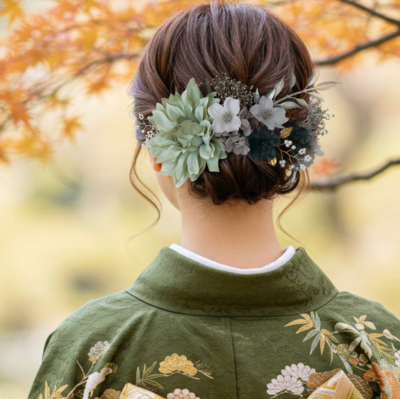 ナチュラルグリーン♡金箔付♡髪飾り ヘッドドレス 前撮り 成人式 卒業式 七五三 グリーンゴールド♡金箔付♡髪飾り ヘッドドレス 前撮り 成人式 卒業式