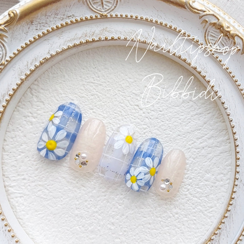 チェックフラワーネイル ブルー ネイルチップ（つけ爪） Nailtipshop  