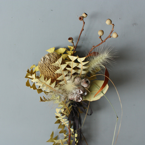166【ドライフラワー縦型スワッグ】バンクシアオブジェ、ブーケ  