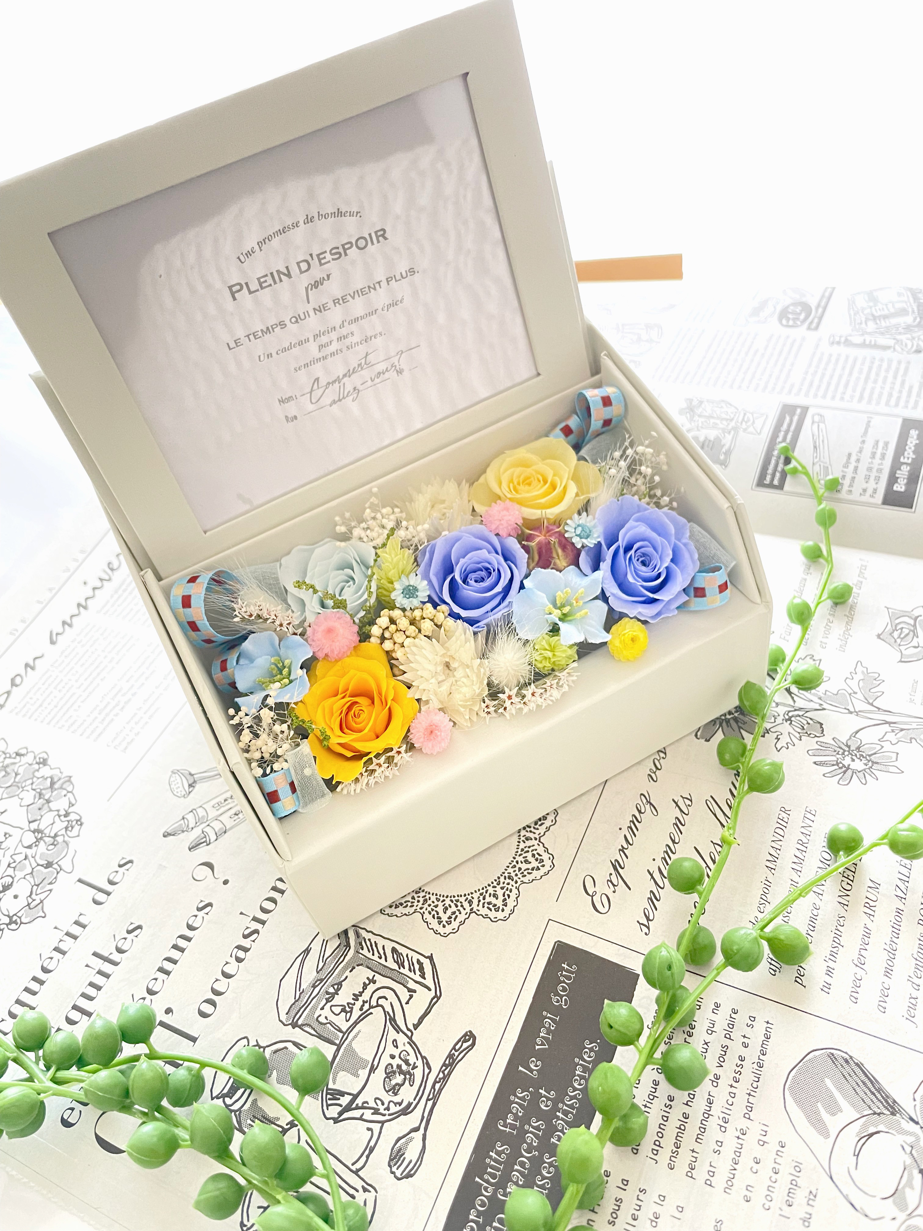 無料ラッピングあり＊結婚祝い＊誕生日＊想い出に優しく咲くプリザーブドフラワーフォトフレーム＊ボックス2wayタイプ