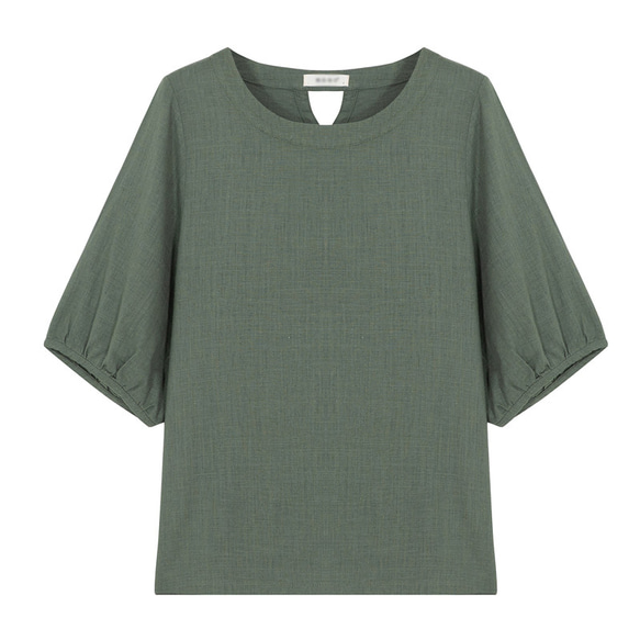 半袖綿麻Tシャツ　綿麻シャツ　個性後ろ襟　グリーン#L022GR 1枚目の画像