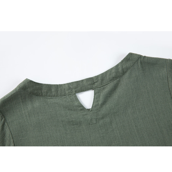 半袖綿麻Tシャツ　綿麻シャツ　個性後ろ襟　グリーン#L022GR 6枚目の画像