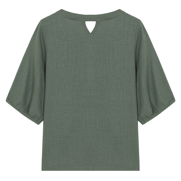 半袖綿麻Tシャツ　綿麻シャツ　個性後ろ襟　グリーン#L022GR 2枚目の画像