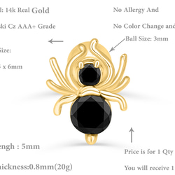 14K金 ゴールド  クモ ヘリックス 軟骨 アンチトラガス アウター インナーコンクバーベルイヤリング ピアス 8枚目の画像