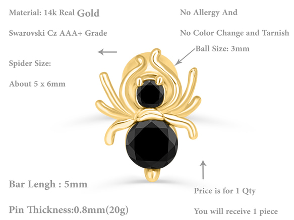 14K金 ゴールド  クモ ヘリックス 軟骨 アンチトラガス アウター インナーコンクバーベルイヤリング ピアス 8枚目の画像