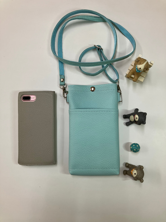 送料無料　牛革 携帯ポシェット　M5M　外ポケット付き　ミント色　携帯バッグ　　№16 2枚目の画像