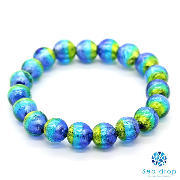 Sea drop ホタルガラス トロピカルブルー 10mm ビーズ ブレスレット 蓄光とんぼ玉 [135bt-10]        