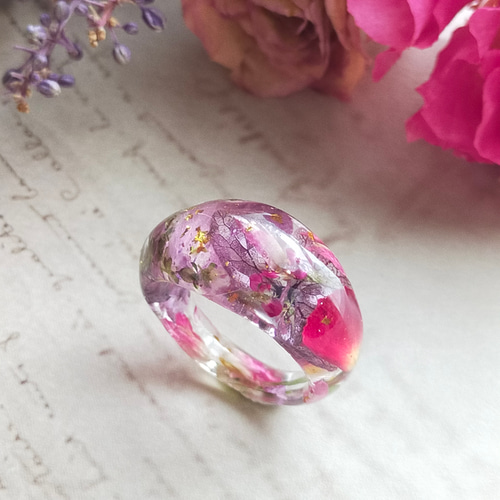 油彩画のようなアンティークドロップリング〜 ドライフラワー 指輪