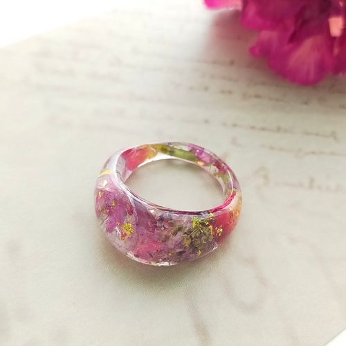 油彩画のようなアンティークドロップリング〜 ドライフラワー 指輪