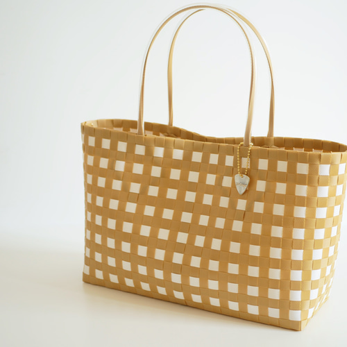 ♡２回のみ使用♡WOVEN チェック柄 かごバッグ オータムチェック×イエローL 2WAYプラカゴバッグ プラカゴ