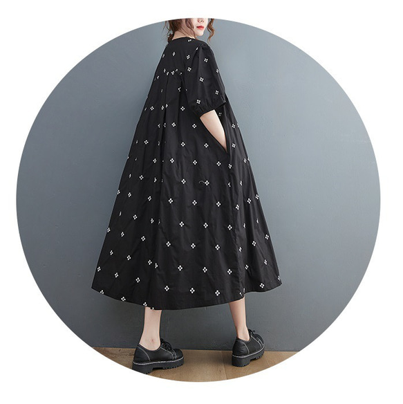 カジュアル 長袖 Vネック Aライン刺繍デザイン ワンピース 春夏**レディース*カジュアル*体型カバー*刺繍VネックAライン
