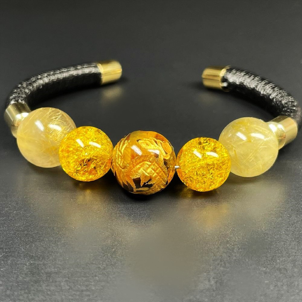 【高級感溢れるデザイン♪】金彫皇帝龍タイガーアイ ゴールドルチル シトリンクラック ニューチューブ バングル NC6