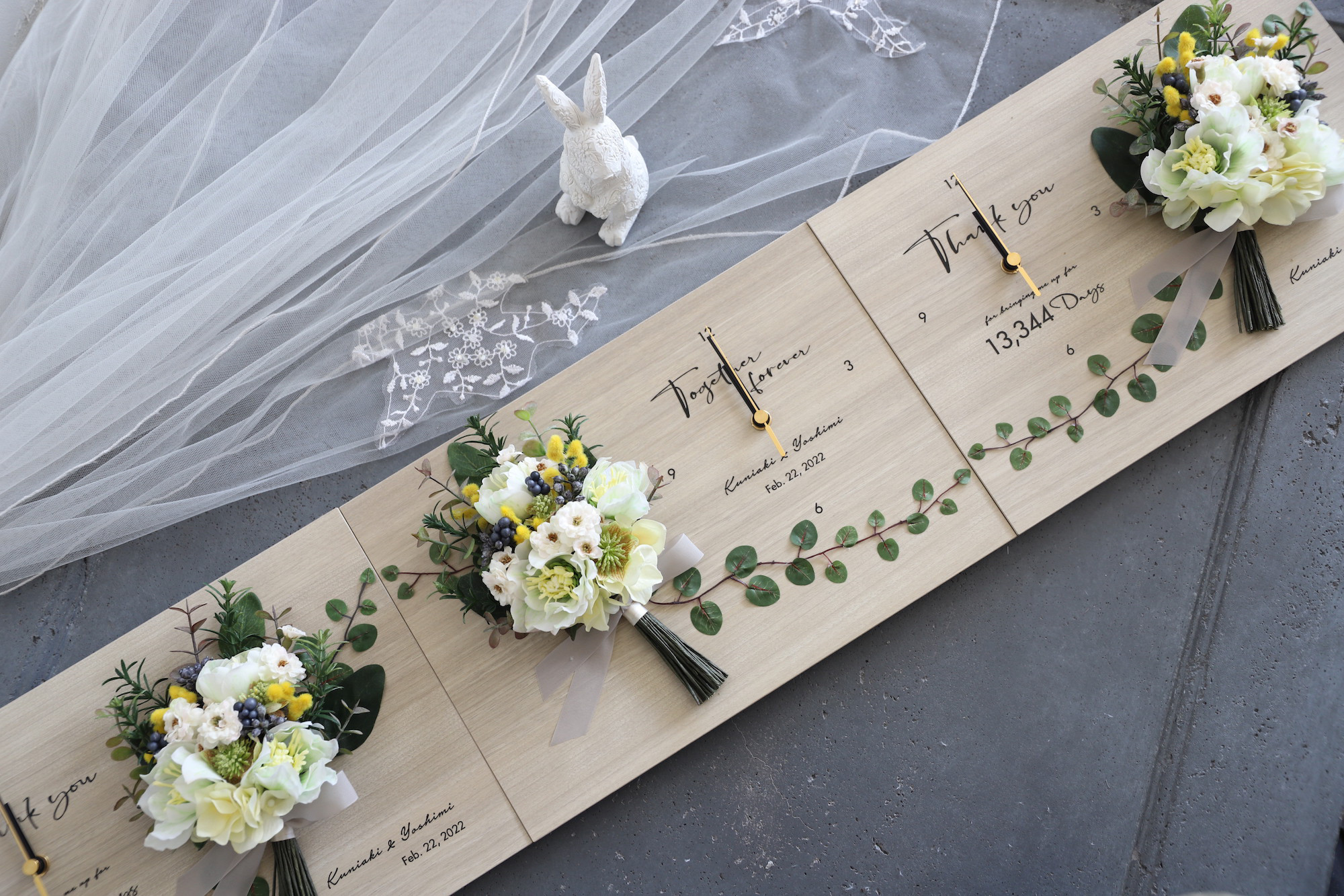 結婚式の両親贈呈ギフト【名前入り】3点セット・・・感謝をカタチにする贈り物・・・木製フラワー時計【送料無料・特典付き】