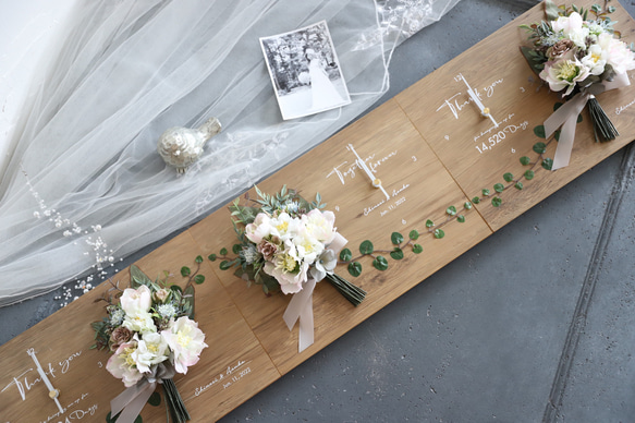 特典付き！結婚式のご両親贈呈用3点セット　家族と家族が繋がる木製パネルの花時計･･･送料無料 1枚目の画像
